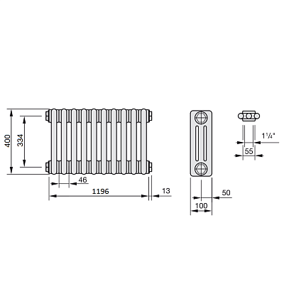 Радиатор 3-колончатый, 26 секций, 400х100х1196, БПЛ-1270, ΔT 60 °C=1674,4 Вт, RAL9016, ½"