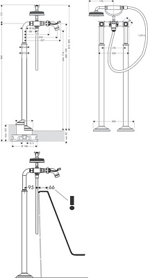 Смеситель для ванны c двумя рукоятками напольный с крестообразными рукоятками, цвет шлифованное золо