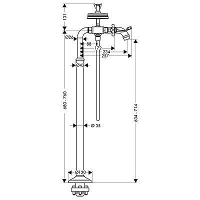 Смеситель для ванны c двумя рукоятками напольный с крестообразными рукоятками, цвет шлифованное золо