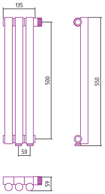 Отопительный радиатор Сунержа Эстет-1 EU50 правый 500х135 3 секции, без покрытия, 00-0311-5003