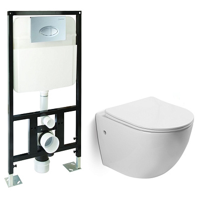 Комплект унитаз безободковый, сиденье микролифт, инсталляция с кнопкой хром, SantiLine SL-5018+SL-01